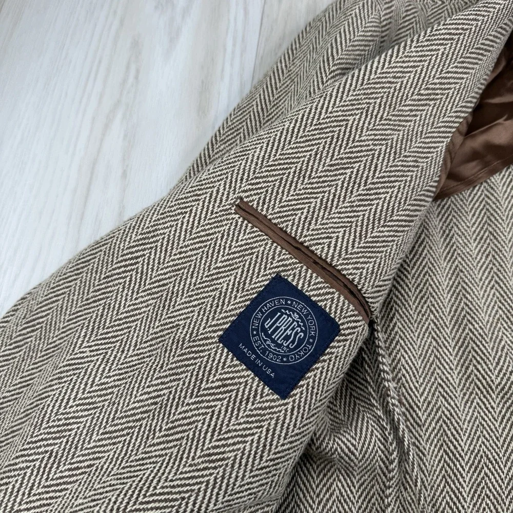 J. Press Herringbone Tweed Blazer Sport Coat Men's Size 48R Made In USA Cotton